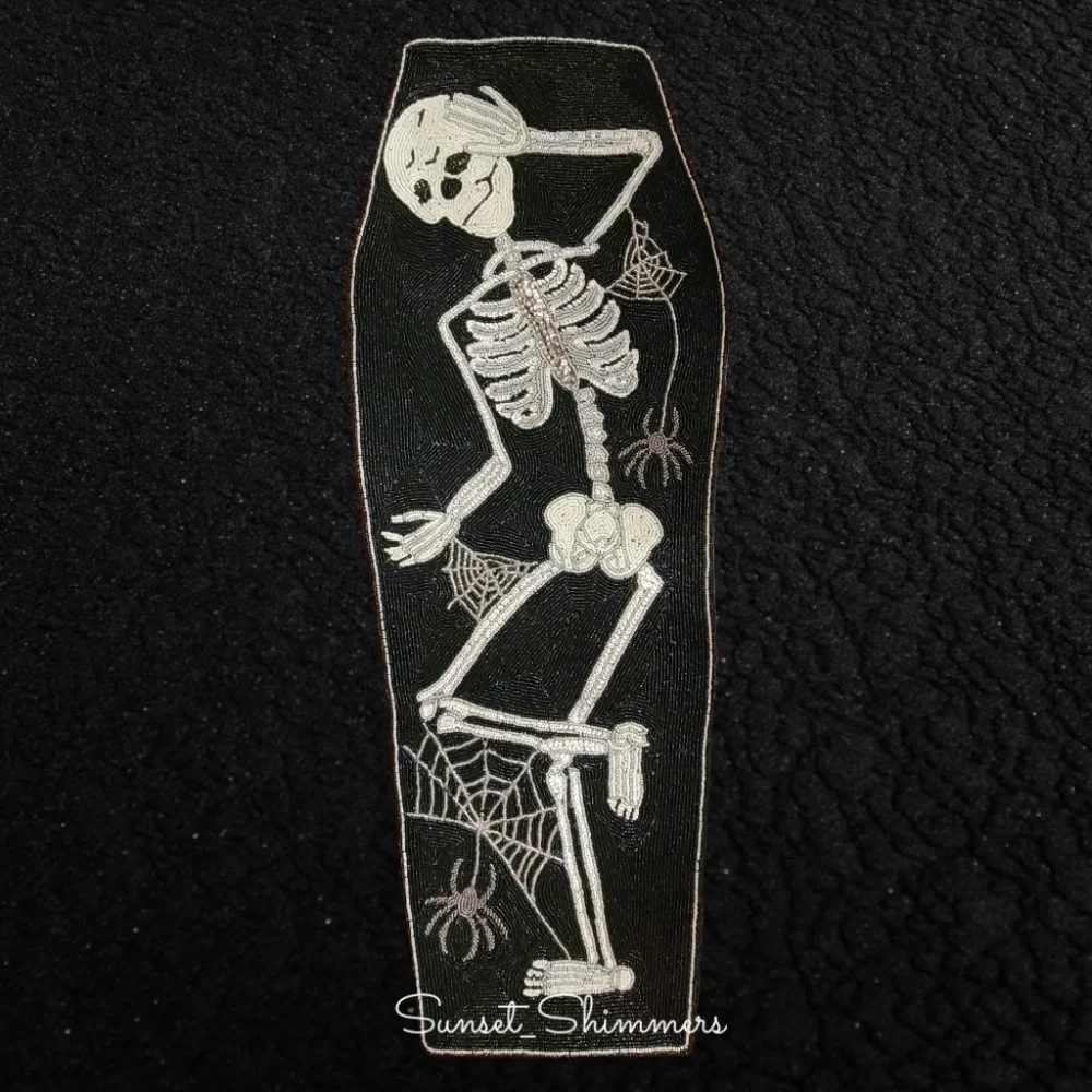 GOTH Halloween SKELETON in COFFIN Spider Web Beaded TABLE RUNNER Centerpiece New